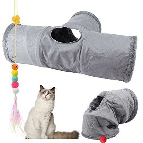 Faltbar Katzentunnel Katzenspielzeug mit Ball Spieltunnel Knisternder Rascheltunnel Aus Wildleder für Alle Katzen Kaninchen Welpen und Kleine Tiere, Mit Hängendem Lustiger Katzenstock (T- Grau) von Aipwerer