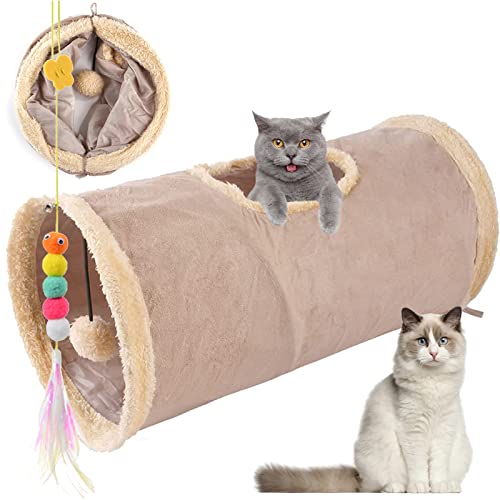 Faltbar Katzentunnel Katzenspielzeug mit Ball Spieltunnel Knisternder Rascheltunnel Aus Wildleder für Alle Katzen Kaninchen Welpen und Kleine Tiere, Mit Hängendem Lustiger Katzenstock von Aipwerer