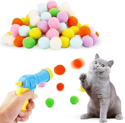 AirBnk Katzenspielzeug Ball, Katzenballpistole Interaktives Spielzeug, Interaktives Katzenspielzeug, Bunte Plüschbälle, Katzenball-Spielzeugwerfer Mit 3 cm Großem Katzenbommel (70 Bälle) von AirBnk