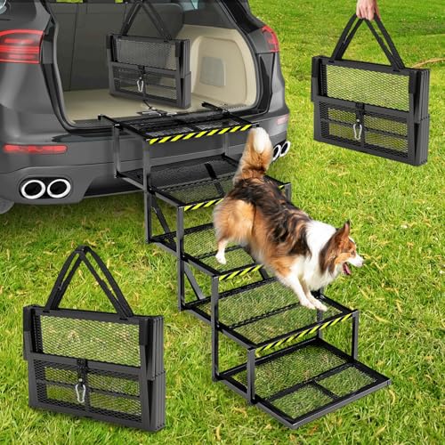 Hunderampe, 5 Stufen Hundetreppe Auto Klappbar Rampe Hund Hunde Treppe für Kleine Mittlere Große Hunde rutschfeste Hundetreppe für Lastwagen und SUV Unterstützung bis 100 KG 35-90cm Einstellbare Höhe von Aisny