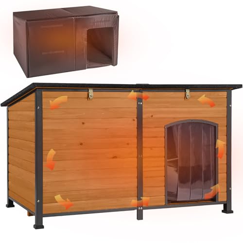 Aivituvin Außen Hundehaus mit isolierter Futterung, wasserdichter extra groß Hundekennel für den Winter, geeignet für kleine, mittlere und große Hunde, mit Stahlrahmen (Braun) von Aivituvin