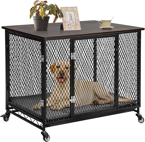 Aivituvin Hundehütte Möbel, große Bewegliche hundebox für zuhause, Indoor Hundekennel für kleine, mittlere und große Hunde, Holzhundehaus mit Kissen, Ablagetrog und Drahtboden (schwarz, XL) von Aivituvin