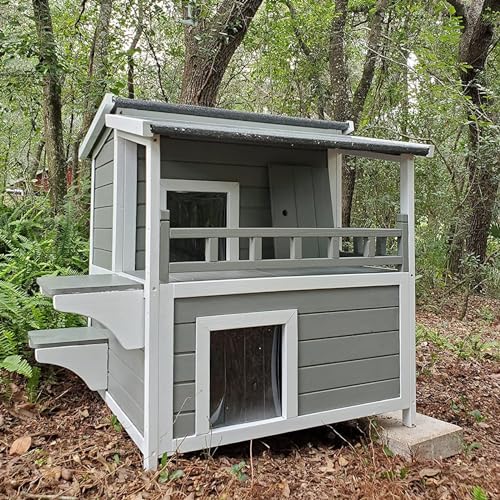 Aivituvin Outdoor Feral Cat House Wooden Kitty Shelter with Large Balcony,Escape Door,Waterproof von Aivituvin