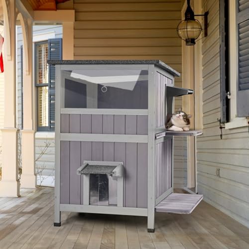 Aivituvin Outdoor Katzenhaus Isoliert für den Winter, Beheizte Katzenunterkunft, Kitty House (Grau, L-2) von Aivituvin
