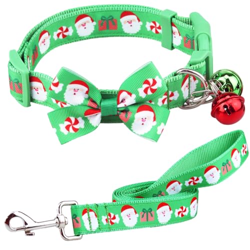 Aiwind Weihnachtliches Hundehalsband und Leine, Set für mittelgroße bis große Hunde, mit Glöckchen und Fliege, für die Weihnachtszeit, 2,5 cm breit (25,4 cm - 40,6 cm, Grün A) von Aiwind