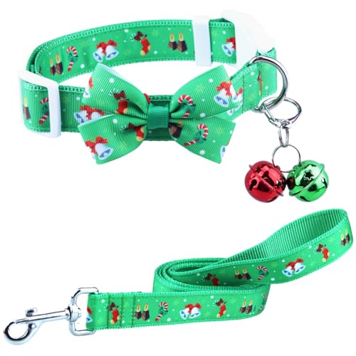 Aiwind Weihnachtliches Hundehalsband und Leine, Set für mittelgroße bis große Hunde, mit Glöckchen und Fliege, für die Weihnachtszeit, 2,5 cm breit (33 cm - 48,3 cm, Grün B) von Aiwind