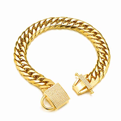 Aiyidi Goldfarbenes Hundehalsband, starke doppelte, kubanische Gliederkette, Halsband mit Zirkonia-Schloss, luxuriöse Hundekette, Edelstahl, 16 mm, Hundehalsband für mittelgroße und große Hunde (66 cm von Aiyidi