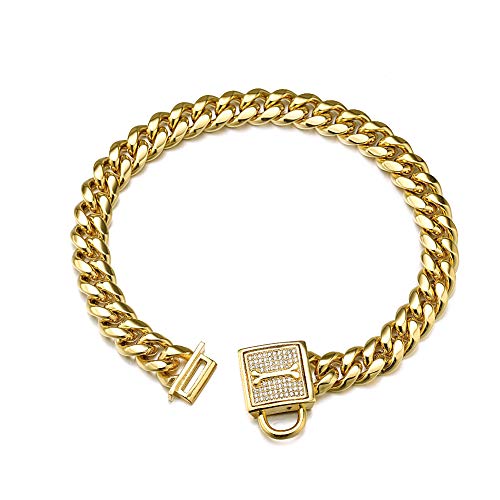 Aiyidi Hundehalsband, 12 mm, strapazierfähig, kubanische Kette, 316L Edelstahl, silberfarben/goldfarben, mit glitzerndem Zirkonia-Schloss, luxuriöse Hundehalskette für kleine, mittelgroße und große von Aiyidi