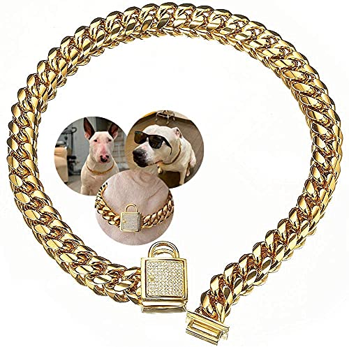 Aiyidi Hundehalsband, Edelstahl, 18 Karat Gold, mit Zirkonia-Verschluss, Luxus-Hundehalsband, 14 mm, robust, kubanische Kette, mittelgroße und große Hunde, 24 inches (for 21.1''~23'' dog's neck) von Aiyidi
