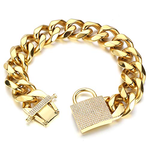 Aiyidi Hundehalsband für große Hunde, schwer, stark, goldfarben, glitzernd, dick, massiver Edelstahl, breit, 23 mm, kubanische Gliederkette, Choke, Hundehalsband für mittelgroße und große Hunde (66 cm von Aiyidi