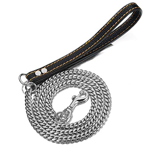 Premium Starke Edelstahl-Hundeleine, 0,6 m, 0,9 m, 1,2 m, silberfarbenes Metall, kubanische Panzerkette, Hundeleine für große und mittelgroße und kleine Haustiere, mit Echtledergriff (Silber, 91,4 cm) von Aiyidi