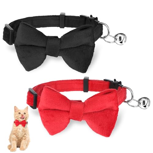 Aiyorse Katzenhalsbänder aus weichem Cord mit Fliege und Glöckchen, verstellbare Katzenhalsbänder, 23,9–32 cm, für Mädchen, Jungen, Kätzchen, Katzen und kleine Welpen, Rot, Schwarz, 2 Stück von Aiyorse