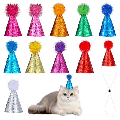 Mini-Partyhüte, Katzengeburtstagshut, mehrfarbig, glitzernde Stofftiere, Geburtstagsparty, Kegelhut, verstellbare Stirnbänder, Geburtstagshüte für Kätzchen, Kaninchen, Hunde, kleine Tiere, Freunde, 10 von Aiyorse