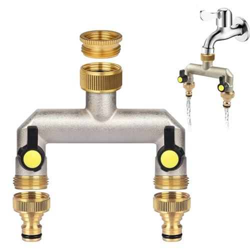 Aiyraa 2 Wege Verteiler Wasser, 3/4 Zoll Messing Wasserhahn Verteiler Mit Adapter für Gartenschläuche, Y Verteiler 3/4 Zoll Mit Kugelhahn Zum Einstellen und Absperren des Wasserflusse von Aiyraa