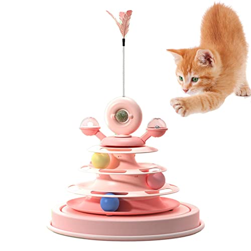 Aizuoni Katzenkugelturm | 360 ° drehbarer Cat-Drehtellerball - 4 Ebenen Pet Turntable Toy Rotierende Windmühle mit Katzenfeder-Teasern und Katzenminze zum Trainieren von Aizuoni