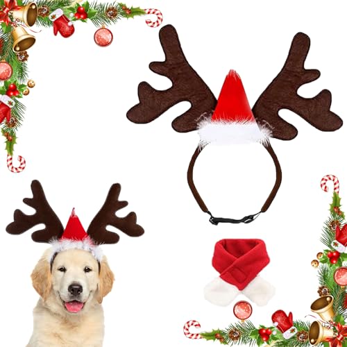 Ajuanbazha Weihnachten Haustier Stirnband Set, Rentier Geweih Haarreif mit Weihnachtsmütze für Hund Ajuanbazha Weihnachten Haustier Stirnband Set, Rentier Geweih Haarreif mit Weihnachtsmütze für Hund von Ajuanbazha
