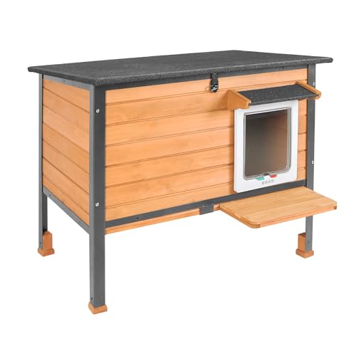 Akinerri Klassisches Katzenhaus aus Holz für drinnen und draußen, universal, erhöhter Boden, Asphalt, wasserdicht, Anti-Biss-Metallrahmen mit kontrolliertem Zugang für Tierheim, Braun, 87,5 cm (L) x von Akinerri