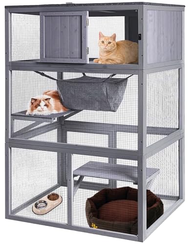 Katzenhaus aus Holz, für den Außenbereich, Katzengehege mit 3 Etagen und wetterfestem Dach, für den Innenbereich, große Katzenterrasse für Katzen mit Hängematte & Ruhebox Katzenhaus aus Holz, für den Außenbereich, Katzengehege mit 3 Etagen und wetterfestem Dach, für den Innenbereich, große Katzenterrasse für Katzen mit Hängematte & Ruhebox von Akinerri