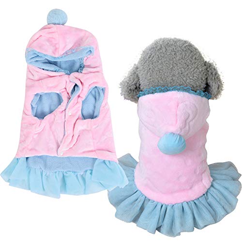 Akozon Hunde-Fleece-Kostüm, Herbst-Winter-süße weiche Plüsch-Kleidung für kleine Hunde Welpen-Overall-Kleidung Outfit (XS) Coral Four Feet Princess Hoodie mit Garnrock Warmes Pyjama-Outfit (XS) von Akozon