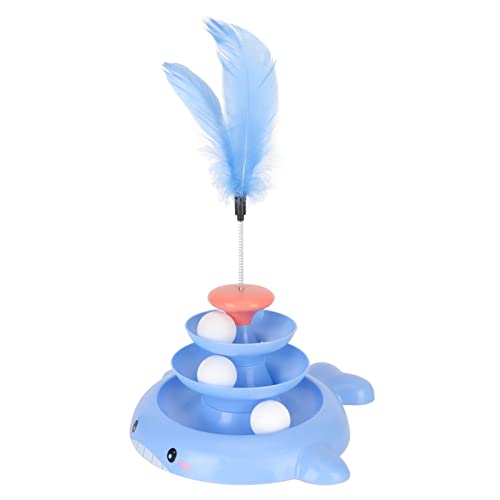 Akozon Katzenballturm, Spielzeug mit Neckender Feder für Kätzchenübungen, 3 Ebenen, Abnehmbare Haustierspur, Interaktiv (Blue) von Akozon
