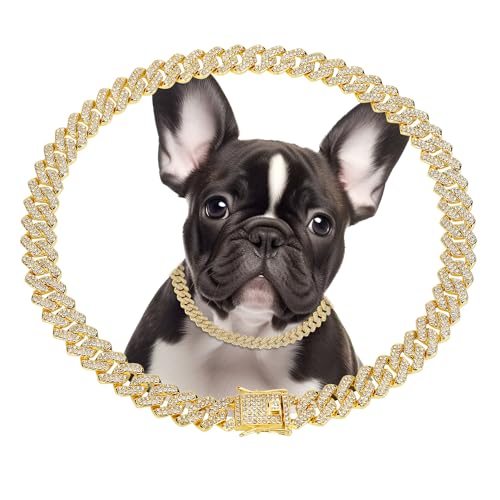 Alainzeo Goldfarbenes Hundehalsband, 50,8 cm, kubanisches Gliederhalsband, 14 mm breit, Metallkette und Kristallhalsband, Schmuckzubehör für kleine, mittelgroße und große Hunde und Katzen (50,8 cm) von Alainzeo