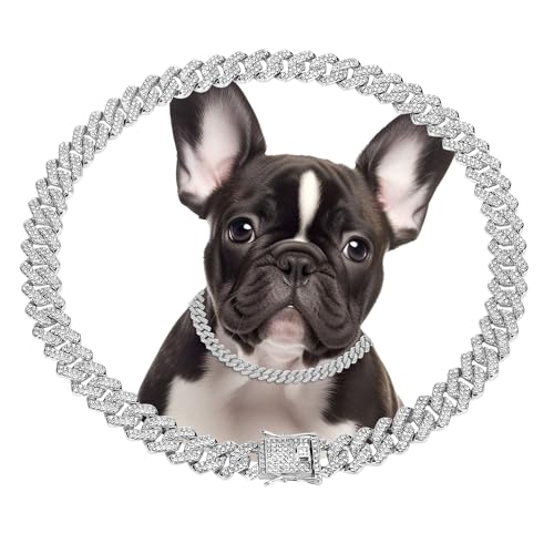Alainzeo Silbernes Hundehalsband, 35,6 cm, kubanisches Gliederhalsband, 14 mm breit, Metallkette und Kristallhalsband, Schmuckzubehör für kleine, mittelgroße und große Hunde und Katzen (35,6 cm) von Alainzeo