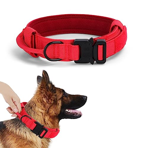 Alainzeo Taktisches Hundehalsband, Militärisches Training Verstellbares Nylon-Hundehalsband mit Kontrollgriff und Schnellverschluss-Schwermetallschnalle für mittelgroße und große Hunde(Rot, XL) von Alainzeo