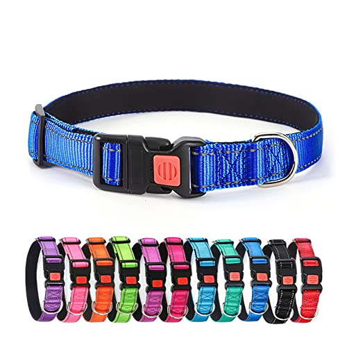 Reflektierendes Hundehalsband, weiches Neopren gepolstertes, atmungsaktives Nylon-Haustierhalsband mit Schnellverschluss-Schnalle für Welpen, mittelgroße und große Hunde (Blau S) von Alainzeo