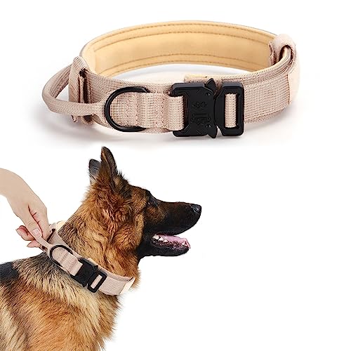 Taktisches Hundehalsband, Militärisches Training Verstellbares Nylon-Hundehalsband mit Kontrollgriff und Schnellverschluss-Schwermetallschnalle für mittelgroße und große Hunde(Khaki, L) von Alainzeo