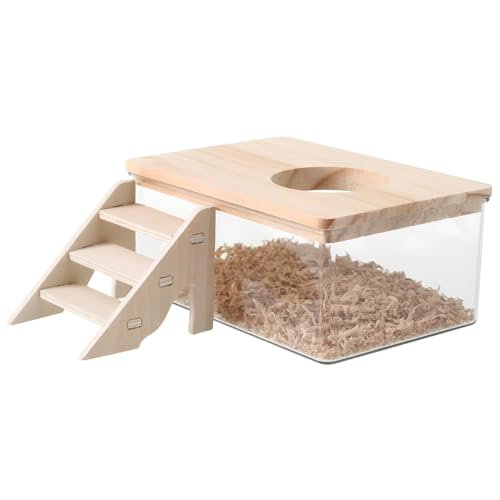 Alasum Hamster Sandbad mit Transparenter Box und Holzdeckel Kleiner Leiter für Hamster Chinchillas und Kleintiere Natürliches Badeverhalten Förderndes Vielseitiges Sandbad Zubehör von Alasum
