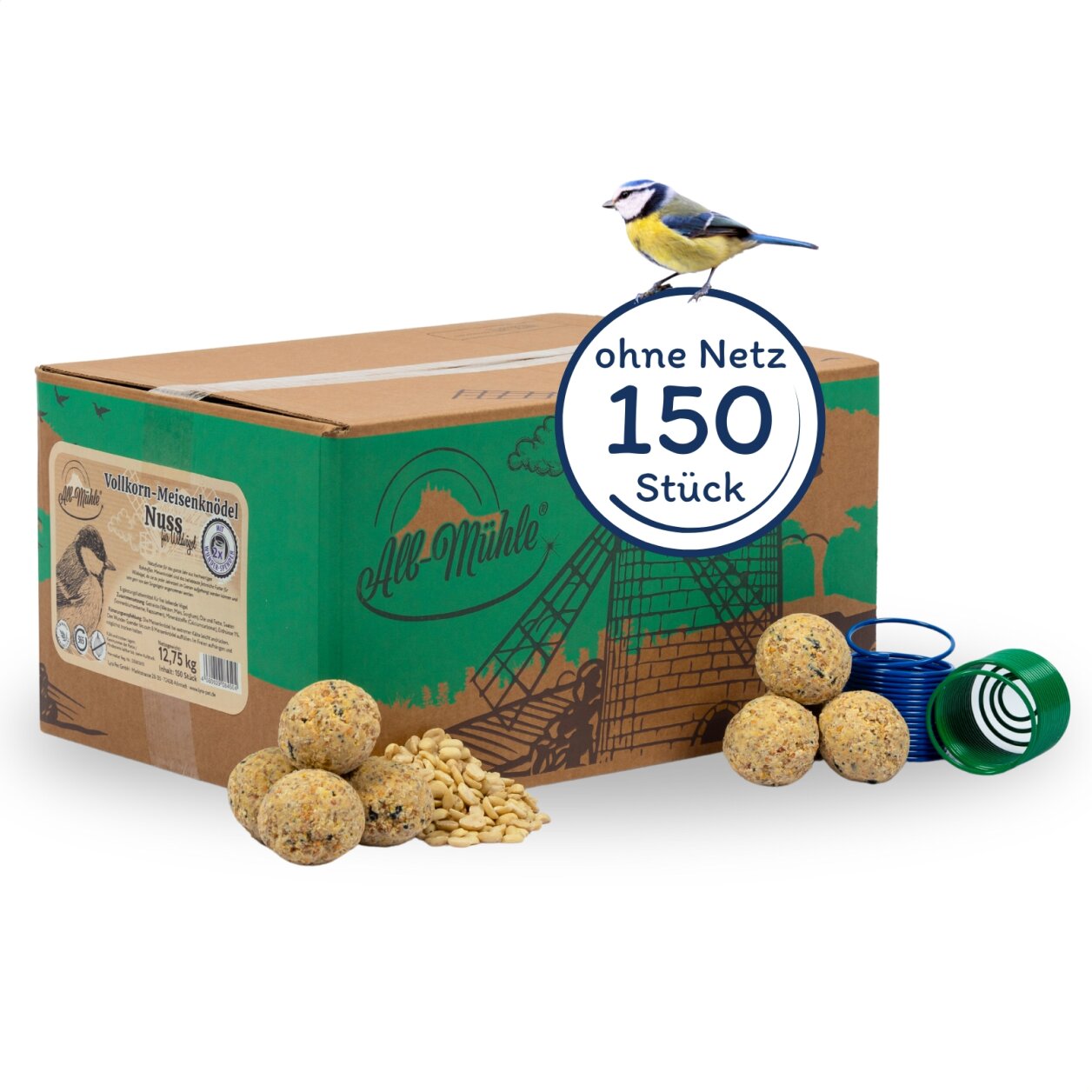 150 Stk. Lyra Pet® Meisenknödel aus der Alb-Mühle ohne Netz Vollkorn & Nuss à 85 g + 2 Spender von Alb-Mühle