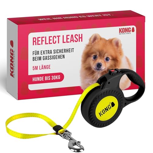 Kong ausrollbare Hundeleine Reflect I Gelb-Schwarz I Lange Leine für Hunde I Rollleine mit Break & Lock System I Reflektierende Elemente an Gehäuse & Gurt I Länge: 5 m I Größe M bis 30 kg von alcott