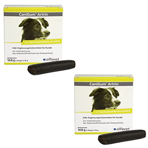 Alfavet CaniGum Artrin, Doppelpack, Ergänzungsfutter für Hunde unterstützt Gelenke, Gelenkstoffwechsel, bei Osteoarthritis, Kauriegel 2 x 168g, portionierbar von Alfavet