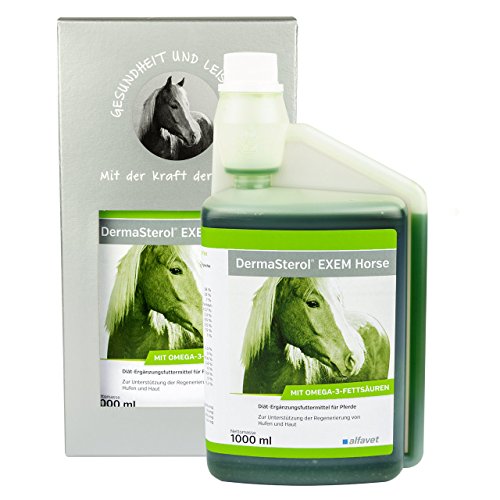 Alfavet DermaSterol EXEM Horse, zur Unterstützung der Regenerierung von Hufen, Haut und Fell mit Hanföl, Diät-Ergänzungsfuttermittel für Pferde, 1000ml Dosierflasche von Alfavet