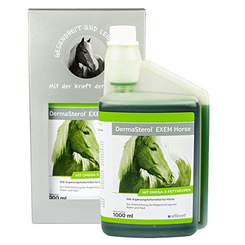 Alfavet DermaSterol EXEM Horse, zur Unterstützung der Regenerierung von Hufen, Haut und Fell mit Hanföl, Diät-Ergänzungsfuttermittel für Pferde, 1000ml Dosierflasche Alfavet DermaSterol EXEM Horse, zur Unterstützung der Regenerierung von Hufen, Haut und Fell mit Hanföl, Diät-Ergänzungsfuttermittel für Pferde, 1000ml Dosierflasche von Alfavet
