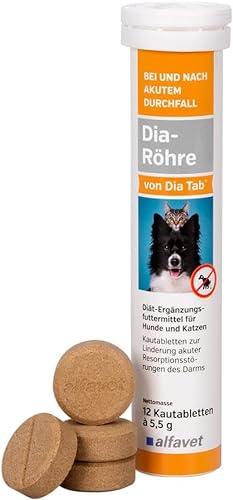 Alfavet Dia-Röhre von Dia Tab, Diät-Ergänzungsfuttermittel für Hunde und Katzen, Kautablette gegen Durchfall, Erbrechen, 12 x 5,5g von Alfavet