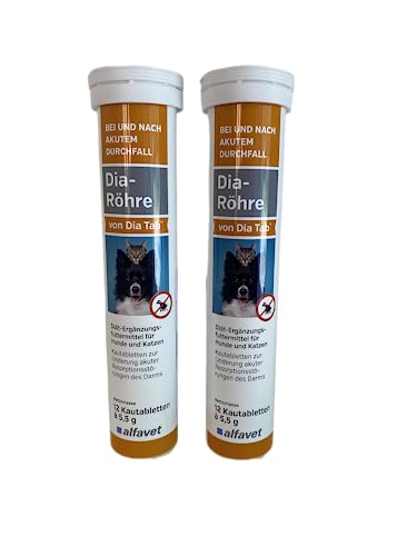 Alfavet Dia-Röhre von Dia Tab | Doppelpack | 2 x 12 x 5,5g | Ergänzungsfuttermittel für Hunde und Katzen bei Durchfall | Kann dabei helfen Durchfall bei Hund und Katze zu reduzieren von Alfavet