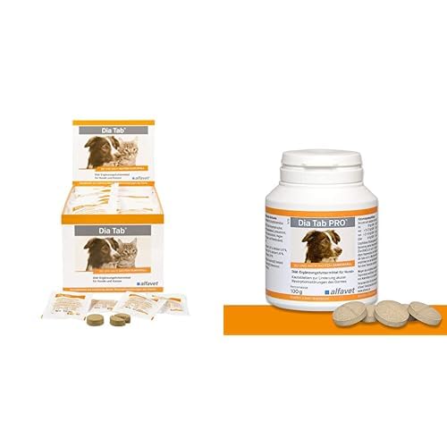 Alfavet Dia Tab, Diät-Ergänzungsfuttermittel für Hunde und Katzen, gegen Durchfall Erbrechen, 60 x à 5,5g & Dia Tab PRO, Diät-Ergänzungsfuttermittel für Hunde und Katzen, 100 g Dose ca. 50 Tabletten von Alfavet