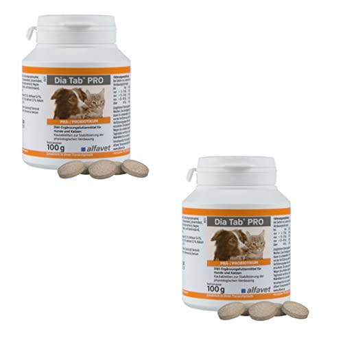 Alfavet Dia Tab PRO, Doppelpack, Diät-Ergänzungsfuttermittel für Hunde und Katzen, Kautablette, Präbiotikum Probiotikum, 2 x 100 g Dose ca. 50 Tabletten von Alfavet