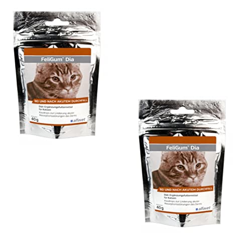 Alfavet FeliGum Dia, Doppelpack, Diät-Ergänzungsfuttermittel bei Durchfall für Katzen Resorptionsstörungen des Darms, Kaudrops, 2 x 40g Beutel von Alfavet