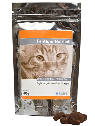 Alfavet FeliGum Hairball Kaudrops gegen Haarballenbildung, Ergänzungsfuttermittel für Katzen, Geschmacksrichtung Huhn, 40g Beutel von Alfavet