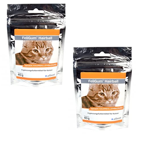 Alfavet FeliGum Hairball | Doppelpack | 2 x 40 g | Ergänzungsfuttermittel für Katzen | Zur Unterstützung gegen Haarballenbildung | Sehr schmackhafte, weiche Kaudrops von Alfavet
