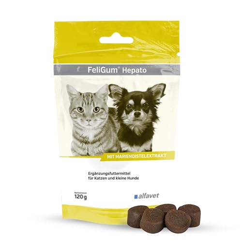 Alfavet FeliGum Hepato, Diät Ergänzungsfuttermittel für Katzen und kleine Hunde, bei chronischer Leberinsuffizienz, 120g, ca 60 Kaudrops von Alfavet