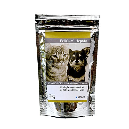Alfavet FeliGum Hepato, Diät Ergänzungsfuttermittel für Katzen und kleine Hunde, bei chronischer Leberinsuffizienz, 120g, ca 60 Kaudrops von Alfavet
