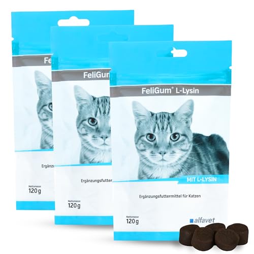 Alfavet FeliGum L-Lysin, 3er-Pack, bei Katzenschnupfen, Ergänzungsfuttermittel für Katzen, 2 x 120 g Beutel, 3 x ca 60 Kaudrops von Alfavet