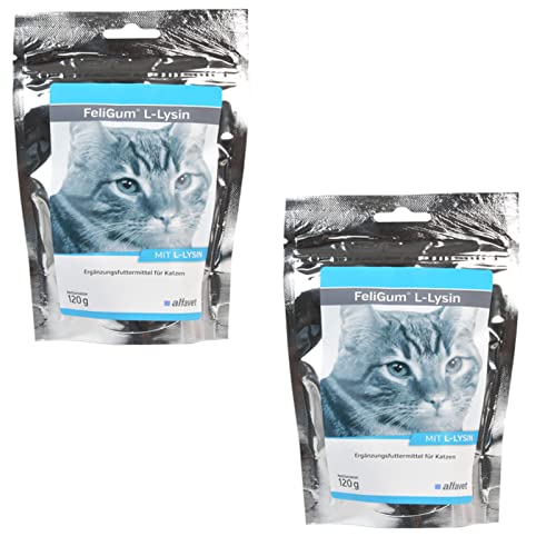 Alfavet FeliGum L-Lysin, Doppelpack, bei Katzenschnupfen, Ergänzungsfuttermittel für Katzen, 2 x 120 g Beutel, 2 x ca 60 Kaudrops von Alfavet