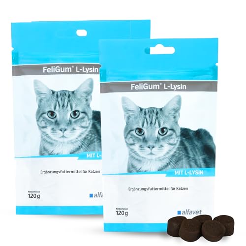 Alfavet FeliGum L-Lysin, Doppelpack, bei Katzenschnupfen, Ergänzungsfuttermittel für Katzen, 2 x 120 g Beutel, 2 x ca 60 Kaudrops von Alfavet