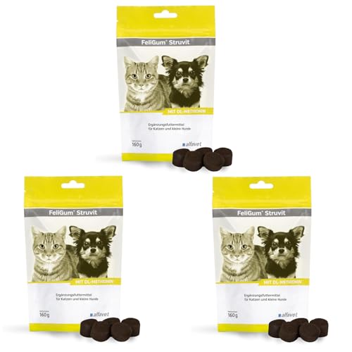 Alfavet FeliGum Struvit | 3er Pack | 3 x 160 g | Ergänzungsfuttermittel für Katzen und kleine Hunde | Zur Erhaltung eines gesunden pH-Wertes im Harn | Enthält DL-Methionin von Alfavet