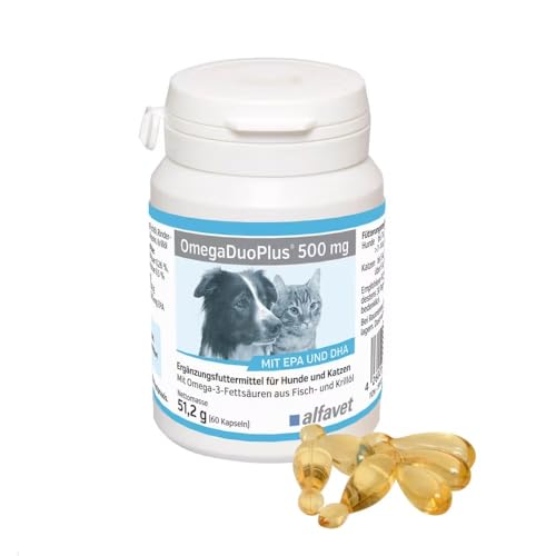 Alfavet OmegaDuoPlus 500 mg | 60 Kapseln | Ergänzungsfuttermittel für Hunde und Katzen | Zur Unterstützung von Zellfunktion, Hautstoffwechsel und Immunfunktion | Mit EPA & DHA von Alfavet