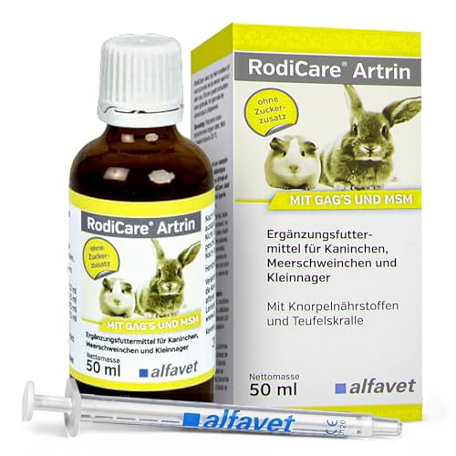 Alfavet RodiCare Artrin, Ergänzungsfuttermittel für Kaninchen, Meerschweinchen und Kleinnager mit Knorpelnährstoffen und Teufelskralle, Dosierspritze, 50 ml Glasflasche von Alfavet